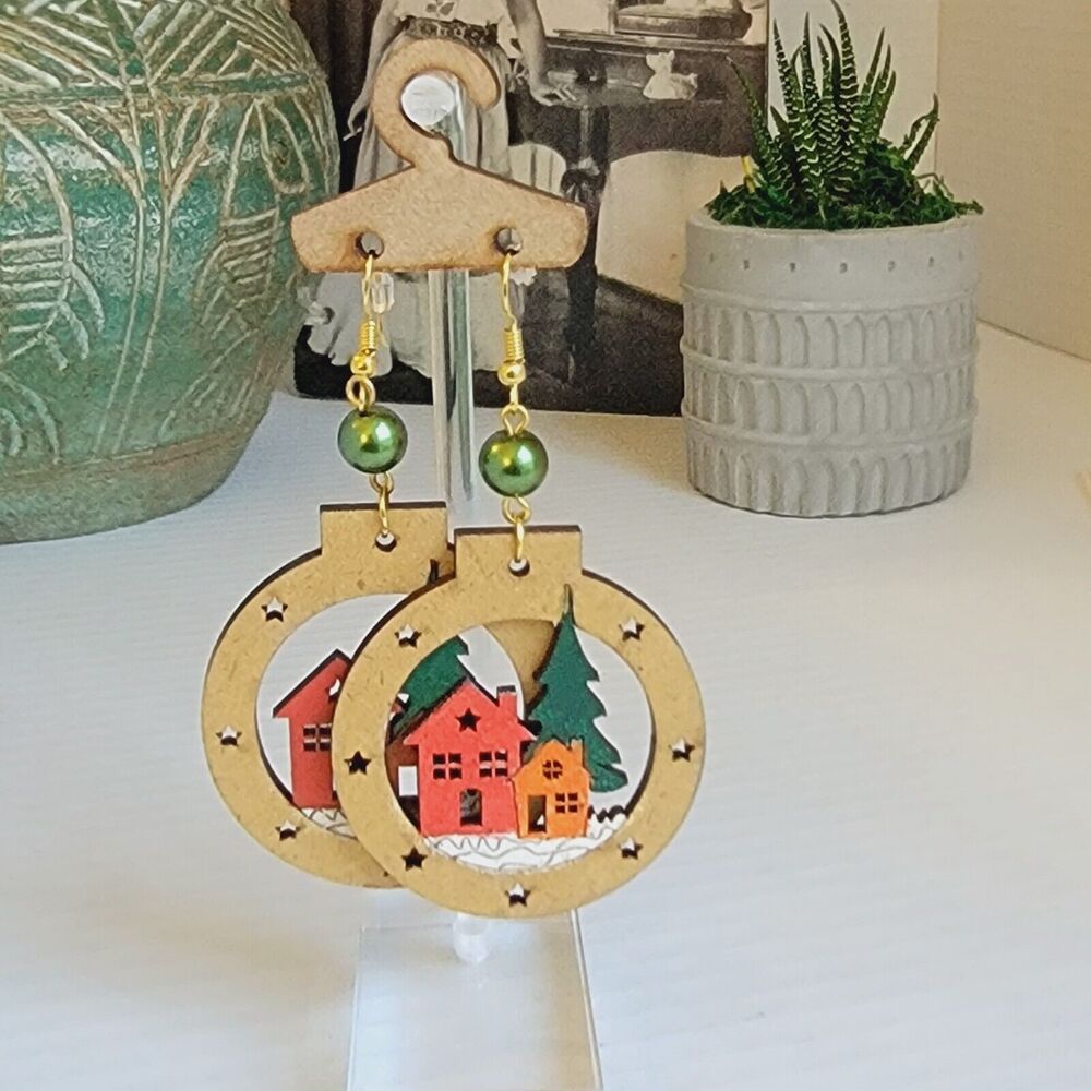 Laser Cut Statement Xmas Ornament Wood Earrings Jewelry Accessories Artisanal